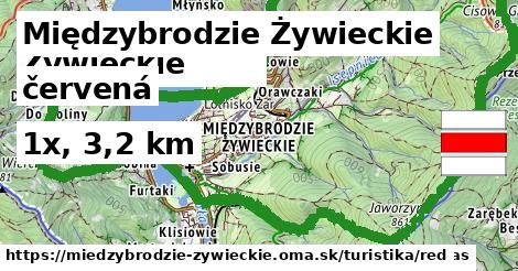 Międzybrodzie Żywieckie Turistické trasy červená 