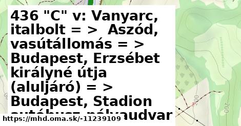 436 "C" v: Vanyarc, italbolt = >  Aszód, vasútállomás = >  Budapest, Erzsébet királyné útja (aluljáró) = >  Budapest, Stadion autóbusz-pályaudvar