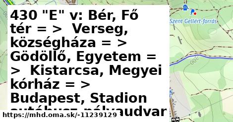 430 "E" v: Bér, Fő tér = >  Verseg, községháza = >  Gödöllő, Egyetem = >  Kistarcsa, Megyei kórház = >  Budapest, Stadion autóbusz-pályaudvar