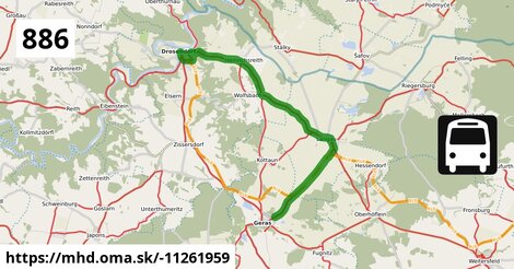 Bus 886: Horn Hauptplatz = >  Drosendorf Hauptplatz (nicht über Dallein Kapelle, Oberhöflein bei Geras Schloss und Wolfsbach bei Drosendorf Ort)