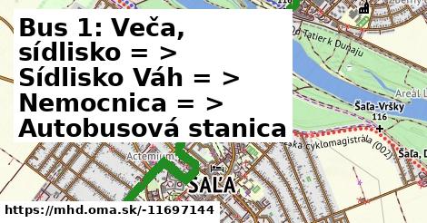 Bus 1: Veča, sídlisko = >  Sídlisko Váh = >  Nemocnica = >  Autobusová stanica