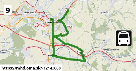 9 Uherské Hradiště, Jaktáře - Mařatice - Sady - Míkovice - Uherské Hradiště, aut. nádr.