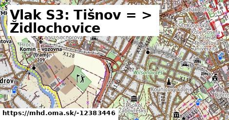 Vlak S3: Tišnov = >  Židlochovice