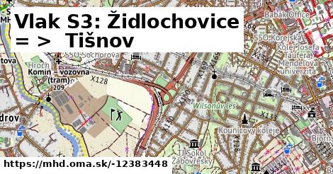 Vlak S3: Židlochovice = >  Tišnov