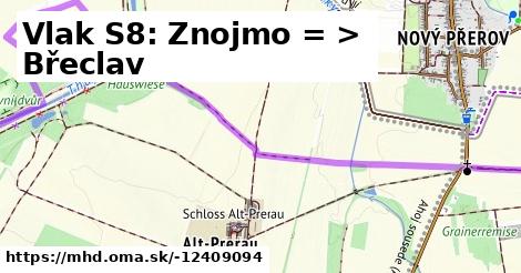 Vlak S8: Znojmo = >  Břeclav