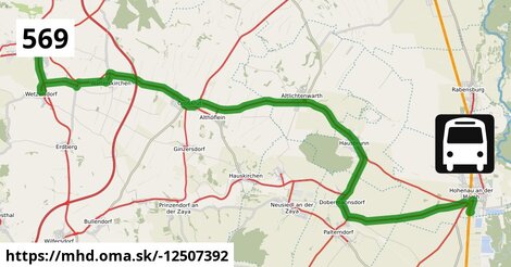 Bus 569: Hohenau Bahnhof = >  Poysdorf Dreifaltigkeitsplatz (via Wetzelsdorf Feuerwehr, Poysdorf Schulen)