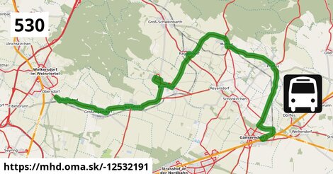 Bus 530: Gänserndorf Bahnhof (B) = >  Wolkersdorf Wiener Straße (über Auersthal Europa-Siedlung)