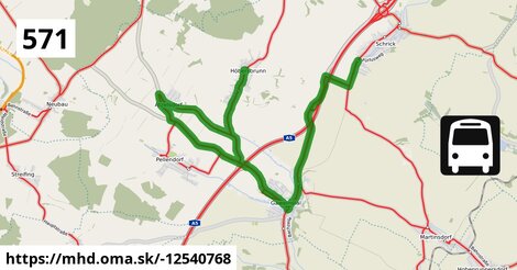 Bus 571: Gaweinstal Hauptplatz = >  Atzelsdorf Kirche = >  Schrick Josef-W.-Str. 81 (via B7)