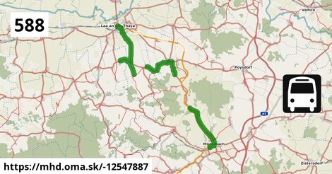 Bus 588: Mistelbach Bahnhof = >  Unterstinkenbrunn Stronsdorfer Straße = >  Laa an der Thaya Stadtplatz