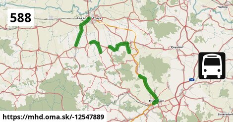 Bus 588: Mistelbach Alleegasse = >  Laa an der Thaya Stadtplatz (über Frättingsdorf Kirche, Ernsdorf bei Staatz Kapellenstraße und Hagendorf Kirche)