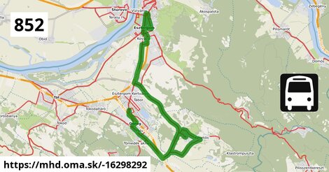 852 "A": Esztergom, Erzsébet királyné utca = >  Esztergom, Duna Múzeum = >  Esztergom, vasútállomás = >  Kesztölc, autóbusz-forduló = >  Dorog, Volán telep