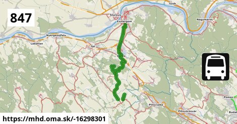 847 "E": Esztergom, vasútállomás = >  Csolnok, Rákóczi telep = >  Máriahalom, Petőfi utca = >  Úny, újtelep = >  Tinnye, szövetkezeti vendéglő