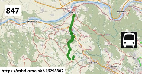 847 "D": Esztergom, vasútállomás = >  Máriahalom, Petőfi utca = >  Úny, újtelep = >  Piliscsaba, vasútállomás