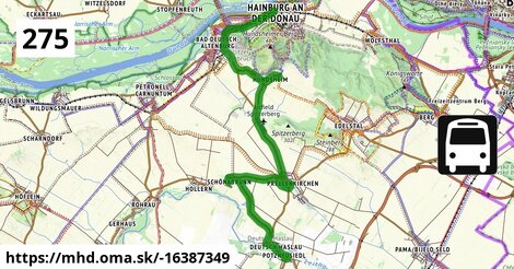 Bus 275: Hainburg an der Donau Hauptplatz = >  Potzneusiedl Untere Hauptstraße (über Hundsheim bei Hainburg Am Hohlweg)