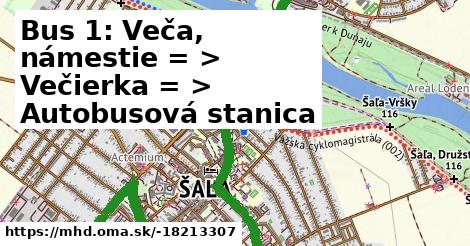 Bus 1: Veča, námestie = >  Večierka = >  Autobusová stanica