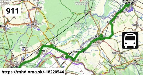 Bus 911: Hodonín, aut.nádr. = >  Hodonín, R.Filipa sídliště = >  Strážnice, Úprkova = >  Vnorovy, Lidéřovice = >  Veselí nad Moravou, žel.st.