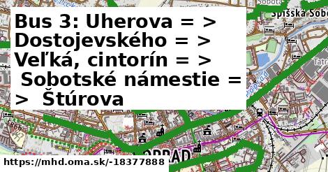 Bus 3: Uherova = >  Dostojevského = >  Veľká, cintorín = >  Sobotské námestie = >  Štúrova