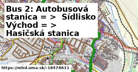 Bus 2: Autobusová stanica = >  Sídlisko Východ = >  Hasičská stanica