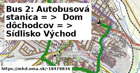 Bus 2: Autobusová stanica = >  Dom dôchodcov = >  Sídlisko Východ