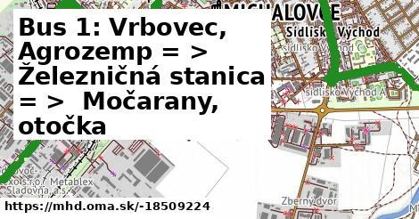 Bus 1: Vrbovec, Agrozemp = >  Železničná stanica = >  Močarany, otočka