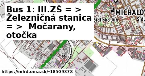 Bus 1: III.ZŠ = >  Železničná stanica = >  Močarany, otočka