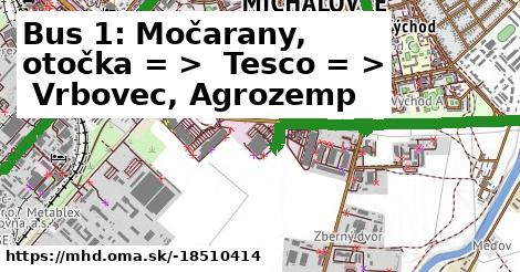 Bus 1: Močarany, otočka = >  Tesco = >  Vrbovec, Agrozemp