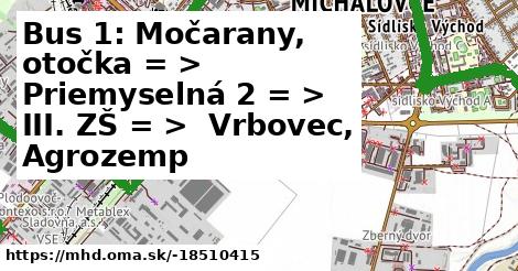 Bus 1: Močarany, otočka = >  Priemyselná 2 = >  III. ZŠ = >  Vrbovec, Agrozemp