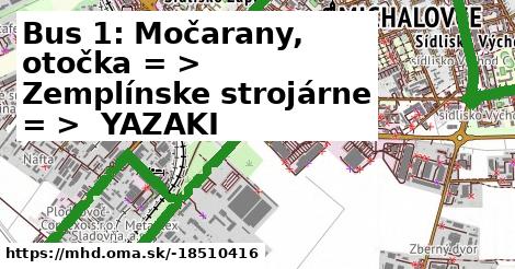 Bus 1: Močarany, otočka = >  Zemplínske strojárne = >  YAZAKI