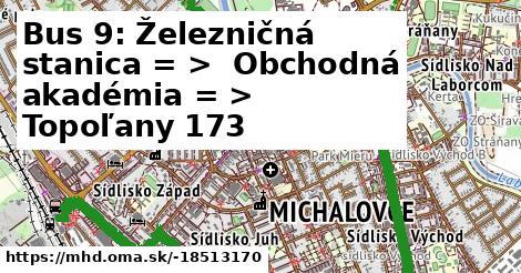 Bus 9: Železničná stanica = >  Obchodná akadémia = >  Topoľany 173