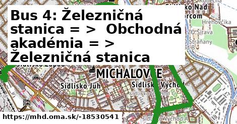 Bus 4: Železničná stanica = >  Obchodná akadémia = >  Železničná stanica