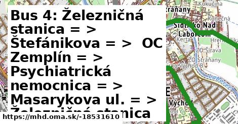 Bus 4: Železničná stanica = >  Štefánikova = >  OC Zemplín = >  Psychiatrická nemocnica = >  Masarykova ul. = >  Železničná stanica