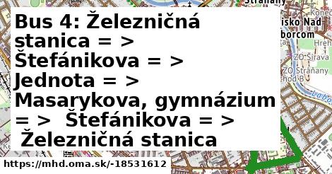 Bus 4: Železničná stanica = >  Štefánikova = >  Jednota = >  Masarykova, gymnázium = >  Štefánikova = >  Železničná stanica