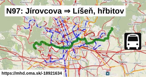 N97: Jírovcova ⇒ Líšeň, hřbitov