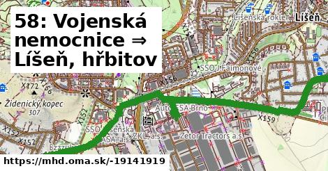 58: Vojenská nemocnice ⇒ Líšeň, hřbitov