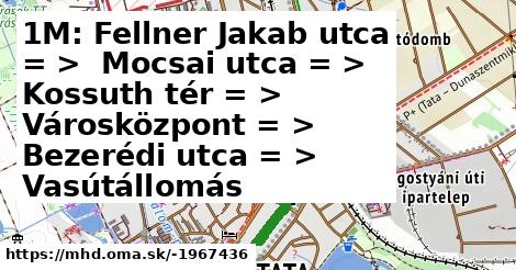 1M: Fellner Jakab utca = >  Mocsai utca = >  Kossuth tér = >  Városközpont = >  Bezerédi utca = >  Vasútállomás