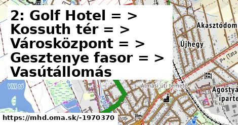 2: Golf Hotel = >  Kossuth tér = >  Városközpont = >  Gesztenye fasor = >  Vasútállomás