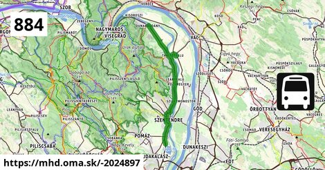 884 "A": Budapest, Újpest-Városkapu XIII. kerület = >  Tahitótfalu, Hősök tere = >  Dunabogdány, községháza