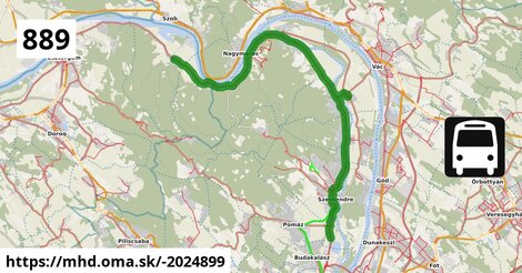 889 "A": Budapest, Újpest-Városkapu XIII. kerület = >  Tahitótfalu, Hősök tere = >  Pilismarót, községháza