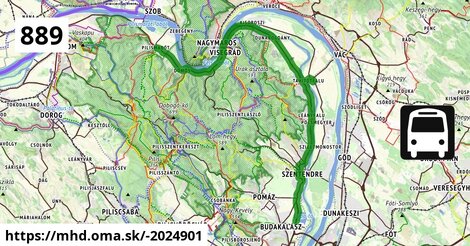889 "A" v: Pilismarót, községháza = >  Tahitótfalu, Hősök tere = >  Budapest, Újpest-Városkapu XIII. kerület