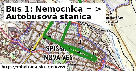 Bus 1: Nemocnica = >  Autobusová stanica