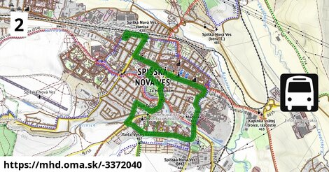 Bus 2: Autobusová stanica = >  Sídlisko Východ = >  Športová hala = >  Autobusová stanica