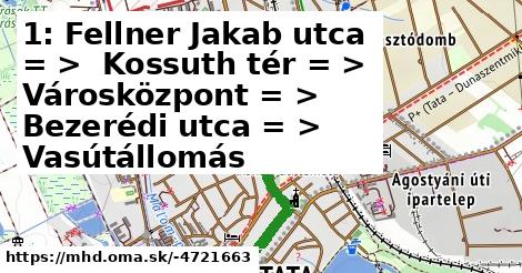 1: Fellner Jakab utca = >  Kossuth tér = >  Városközpont = >  Bezerédi utca = >  Vasútállomás