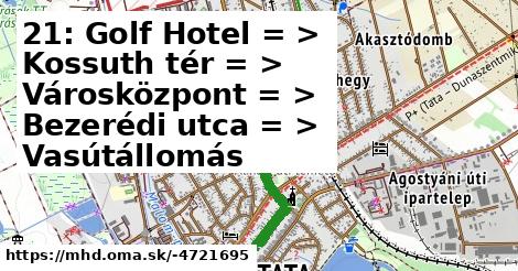 21: Golf Hotel = >  Kossuth tér = >  Városközpont = >  Bezerédi utca = >  Vasútállomás