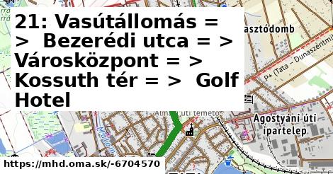 21: Vasútállomás = >  Bezerédi utca = >  Városközpont = >  Kossuth tér = >  Golf Hotel