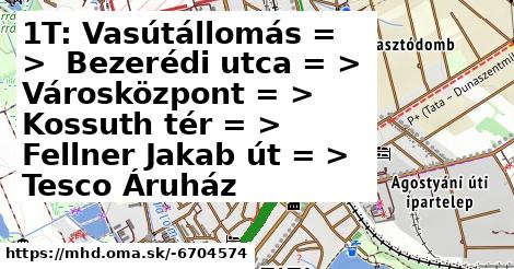 1T: Vasútállomás = >  Bezerédi utca = >  Városközpont = >  Kossuth tér = >  Fellner Jakab út = >  Tesco Áruház