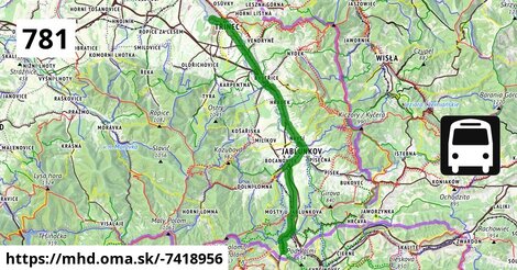 Bus 781: Třinec aut.st. pod Kanadou = >  Mosty u Jablunkova, Šance, konečná