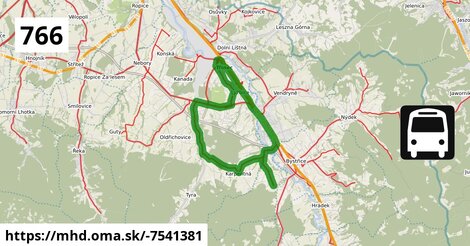 Bus 766: Třinec, aut.st. = >  Třinec, Karpentná, sídliště = >  Třinec, aut.st.