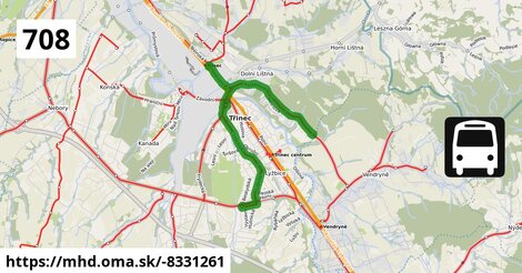 Bus 708: Třinec,Lyžbice,Kamionka = >  Třinec,Dolní Líštná,Sosna nemocnice