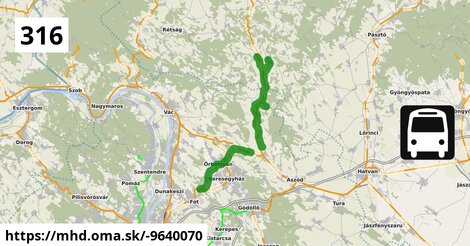 316 "A": Budapest, Újpest-Városkapu XIII. kerület = >  Galgamácsa, vasútállomás = >  Acsa, autóbusz-forduló = >  Bercel, kisáruház = >  Nógrádkövesd, vasútállomás