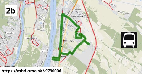 2B: Autópihenő (Kisfaludy utca) = >  Búzaszem iskola = >  Újtelep, autóbusz-forduló = >  Bölcsőde = >  Autópihenő (Pesti út)